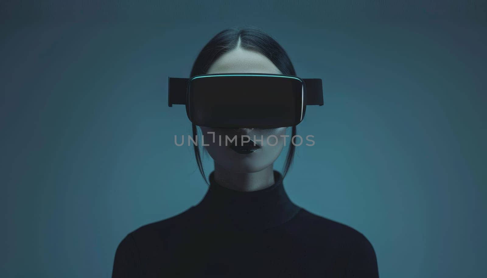 A woman wearing a virtual reality headset stands in a dark room by AI generated image.