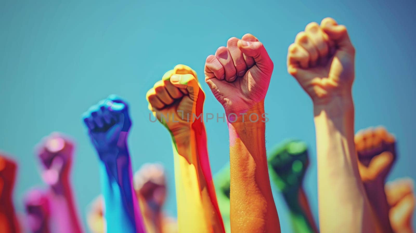 A group of people are holding up their hands in a fist. Pride day concept.