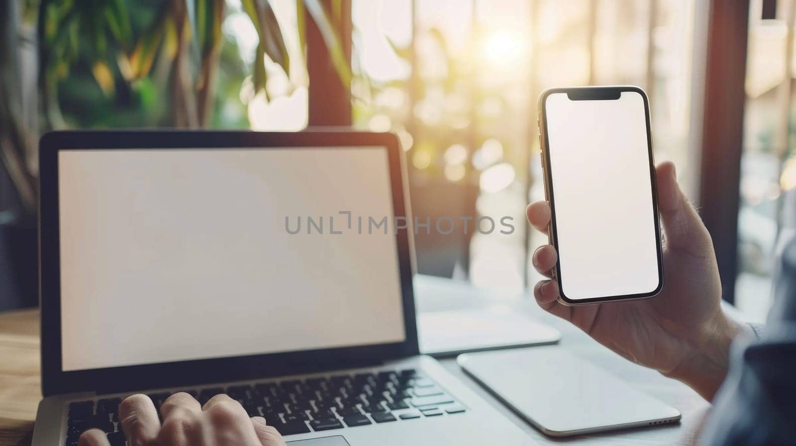 Mockup empty, a person is working on a laptop with a white screen, another person is holding a phone with a white screen, modern office in the background.