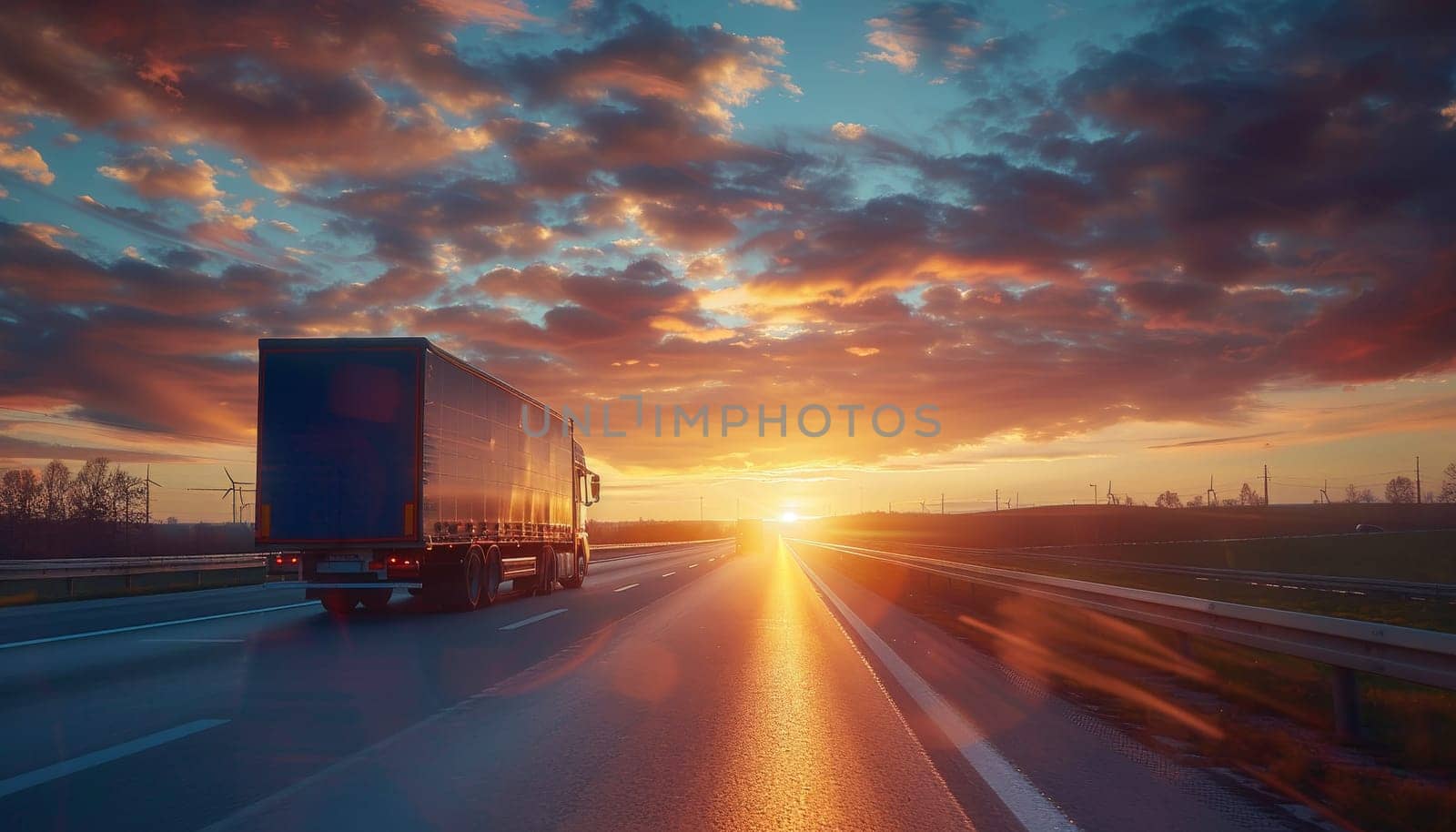 A large semi truck is driving down a highway at sunset by AI generated image.