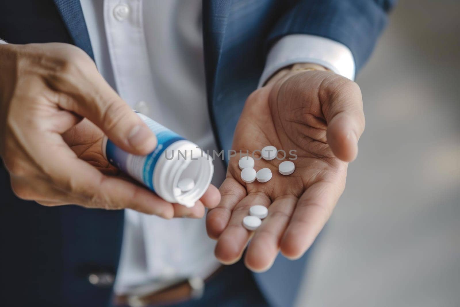 A man is holding a bottle of pills and a handful of pills in his hand.