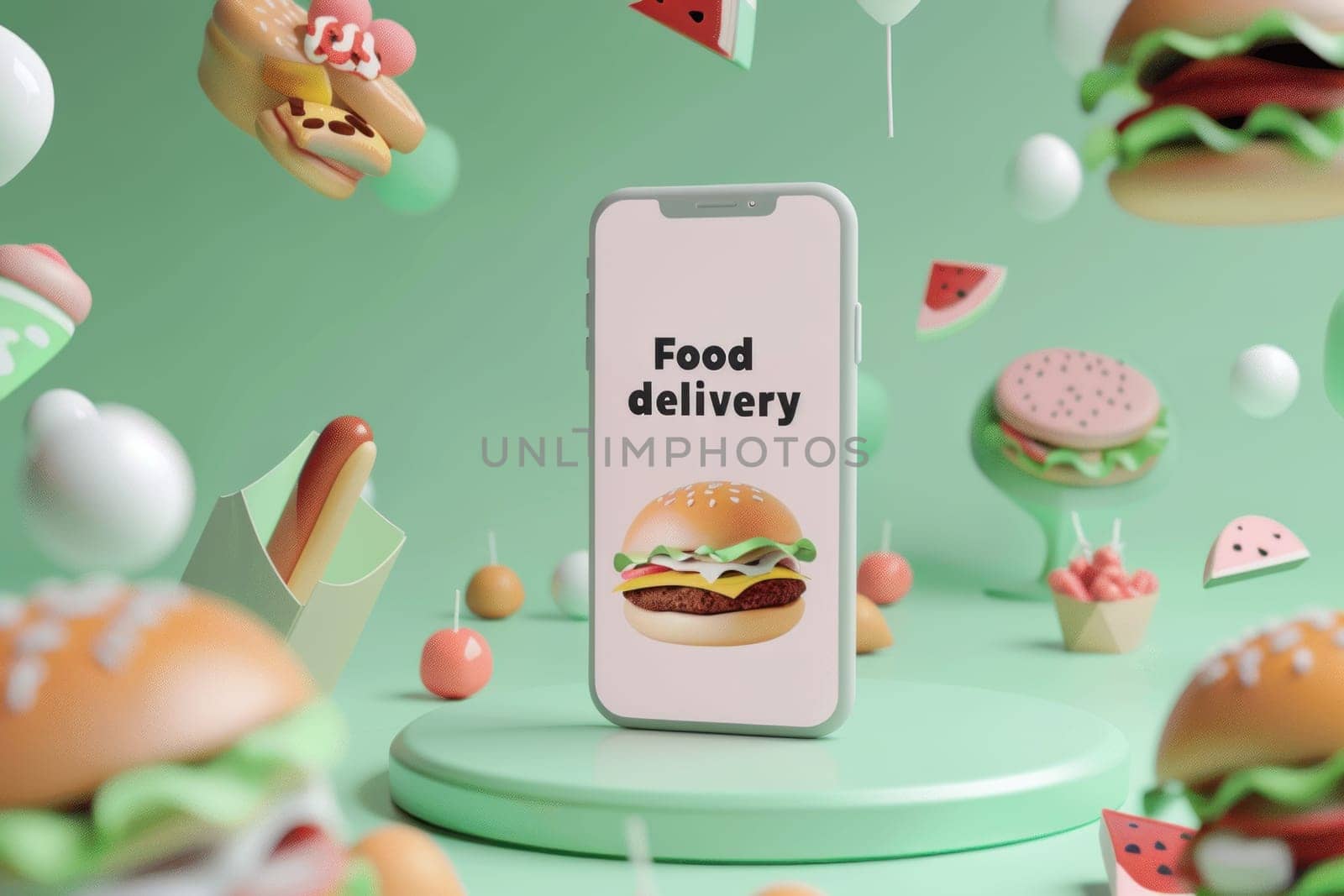 A food delivery app is shown on a green background with a variety of food items.