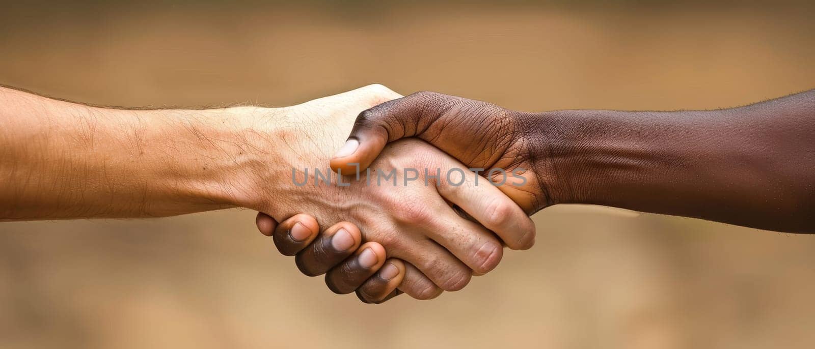 Two hands shaking hands, one white and one black by AI generated image by wichayada
