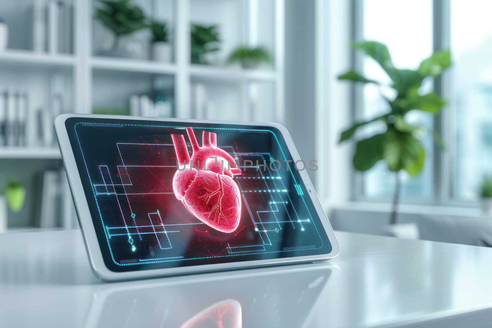 A bright, minimalistic setting featuring a large tablet displaying a vibrant red holographic 3D heart.