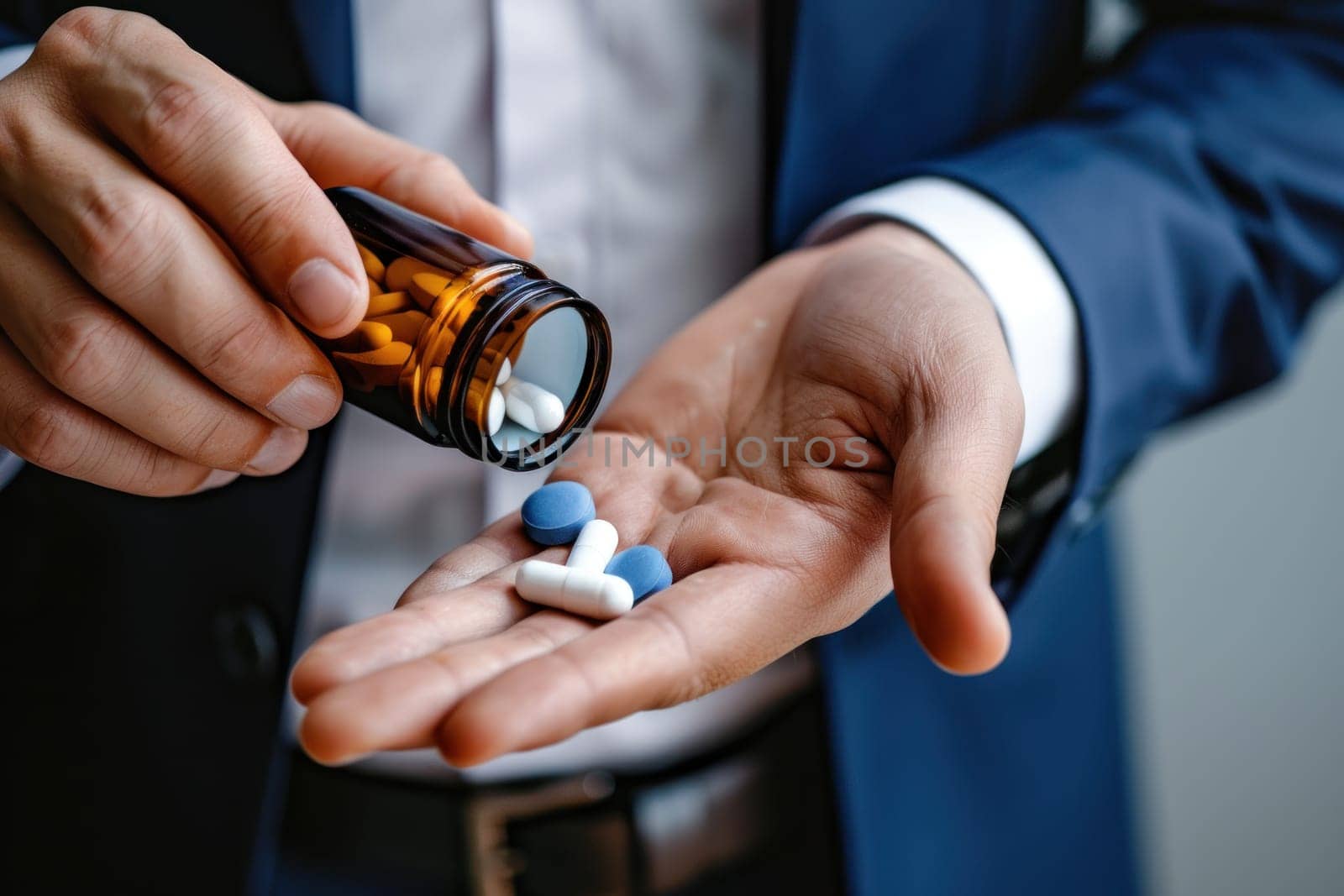 A man is holding a bottle of pills and a handful of pills in his hand. The pills are in different colors and shapes, and the man is wearing a suit. Concept of professionalism and responsibility