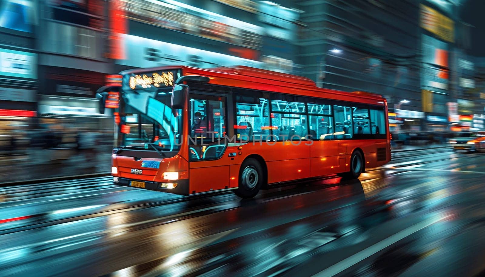 A bus is driving down a street with a red and white sign on the side by AI generated image.