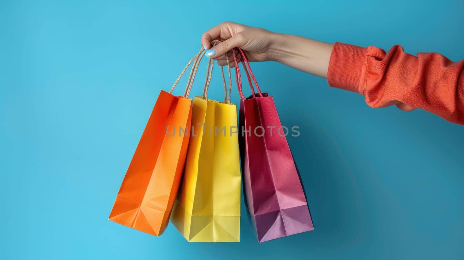 Close up of a woman's hand holding colorful shopping bags isolated on a blue background.