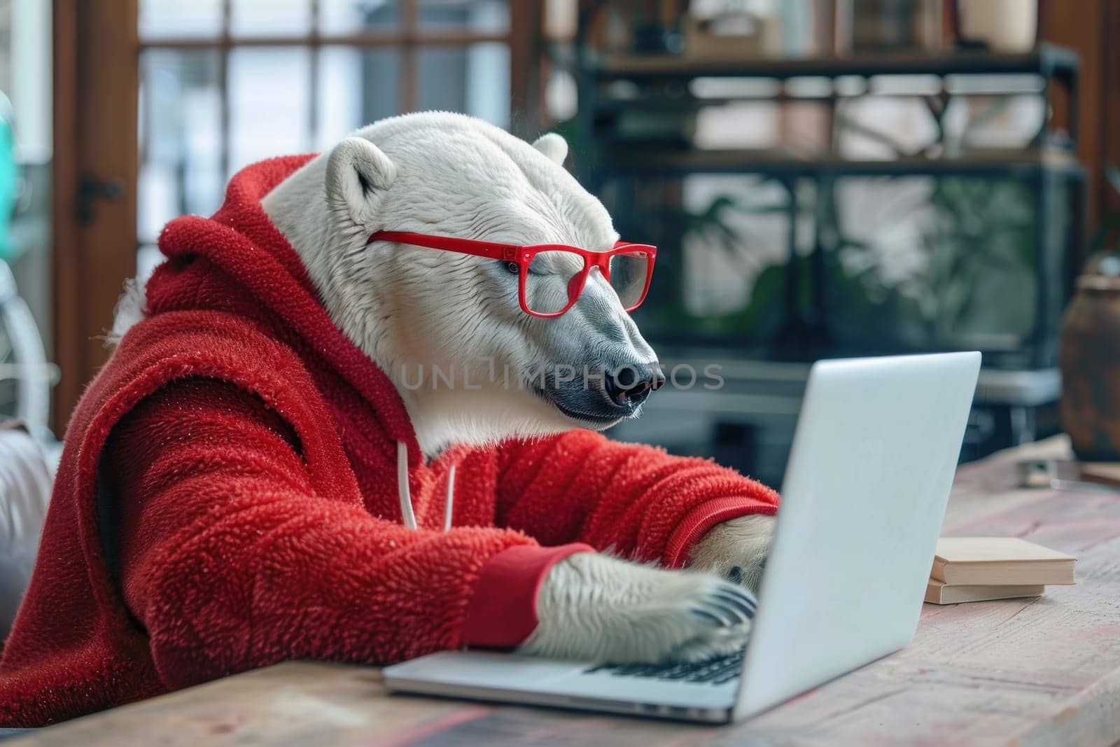 A polar bear wearing a red hoodie and glasses is sitting at a desk and using a laptop