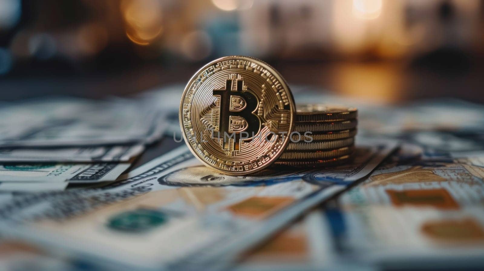 close-up shot of a physical bitcoin coin resting on top of a stack of paper currency.