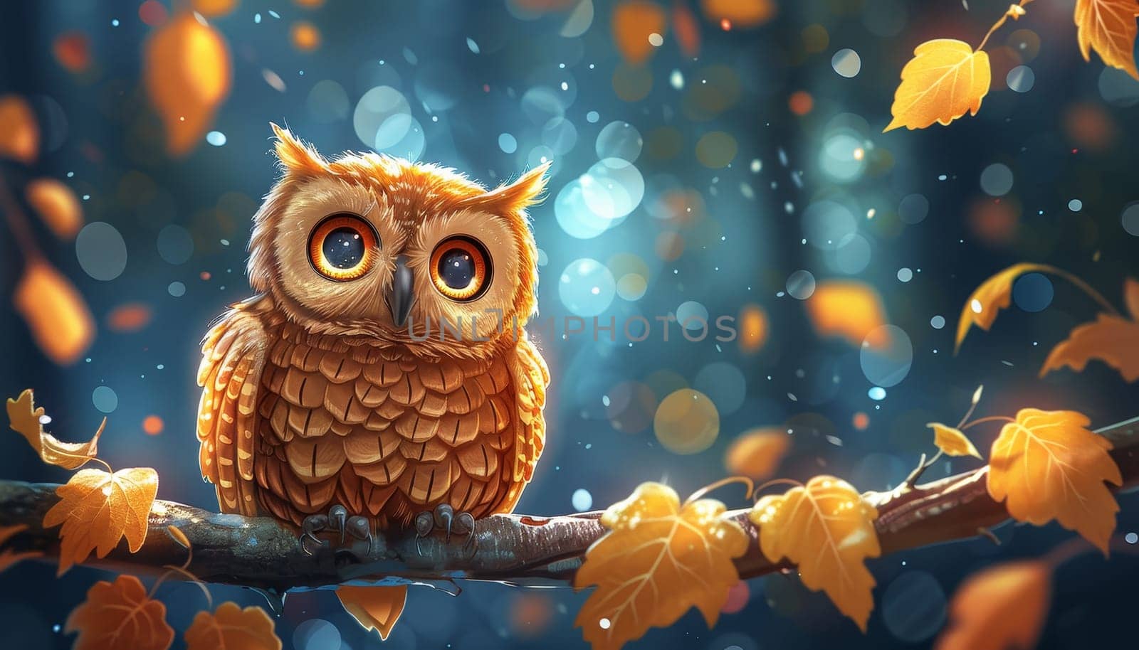 A cartoon owl is perched on a branch with leaves and berries by AI generated image.