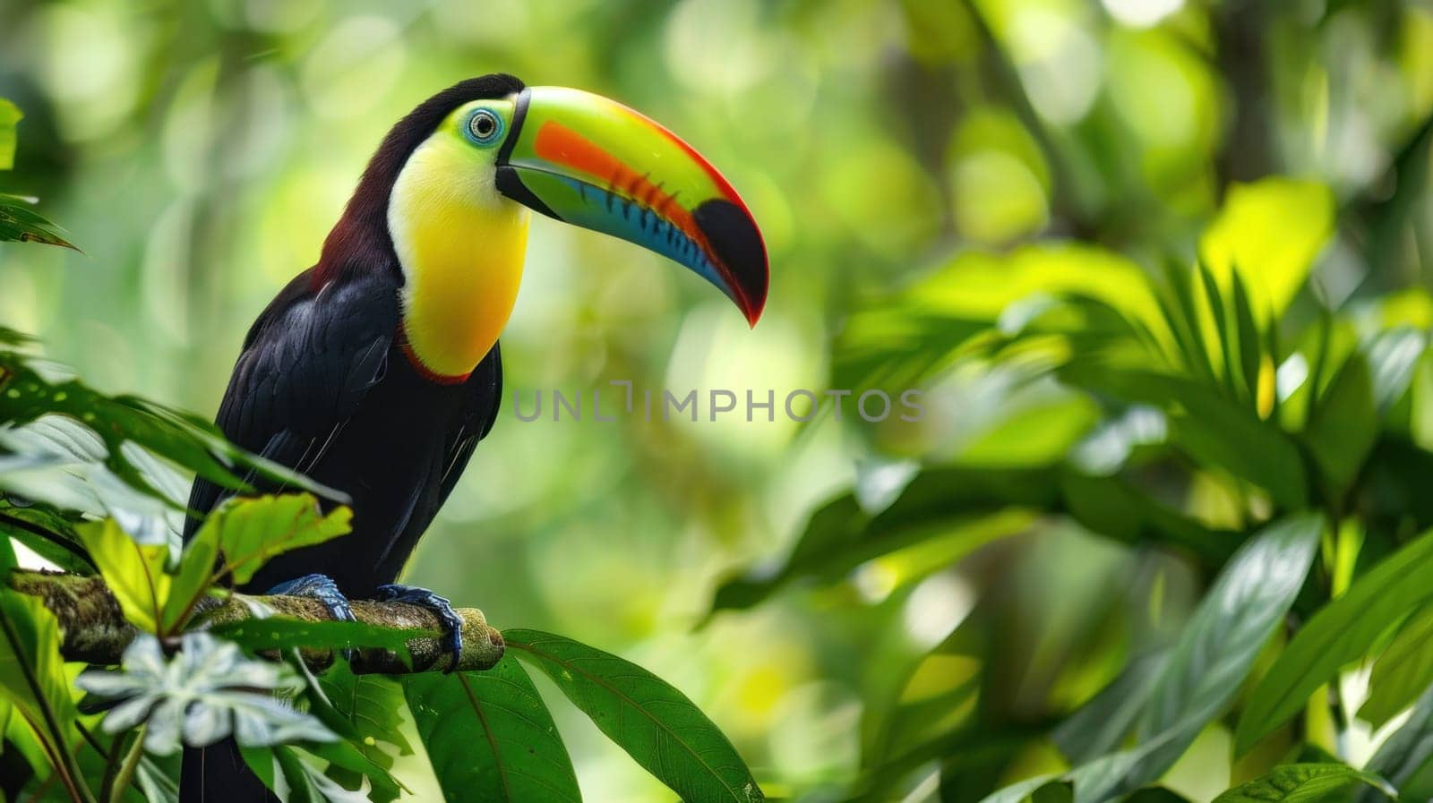 A close-up image of a colorful toucan perched among tropical foliage, its vibrant plumage and distinctive beak adding a burst of energy to the lush greenery of its natural habitat..