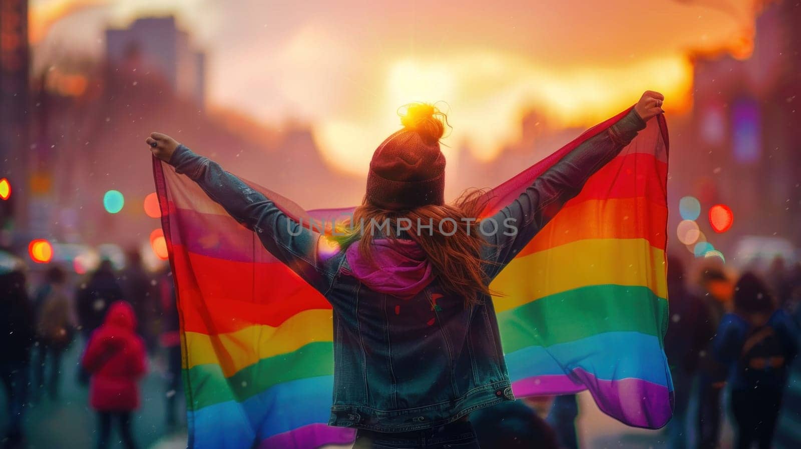 A strong and determined woman holding a pride flag.