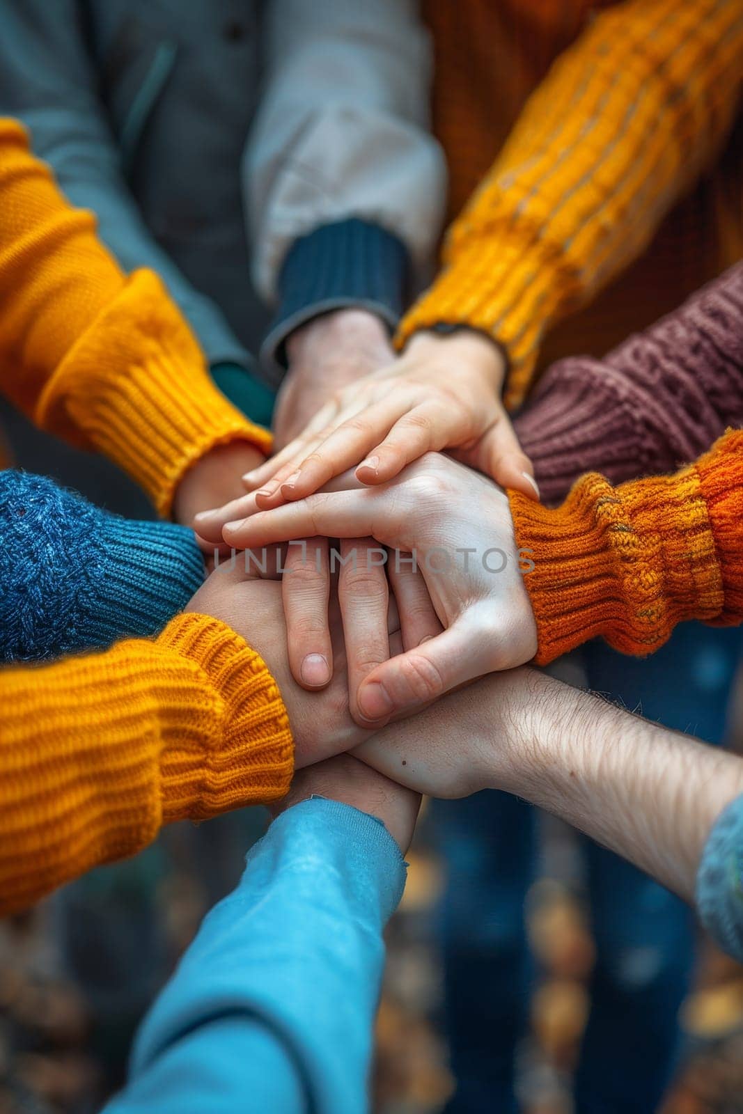 A group of people are holding hands in a circle by AI generated image by wichayada