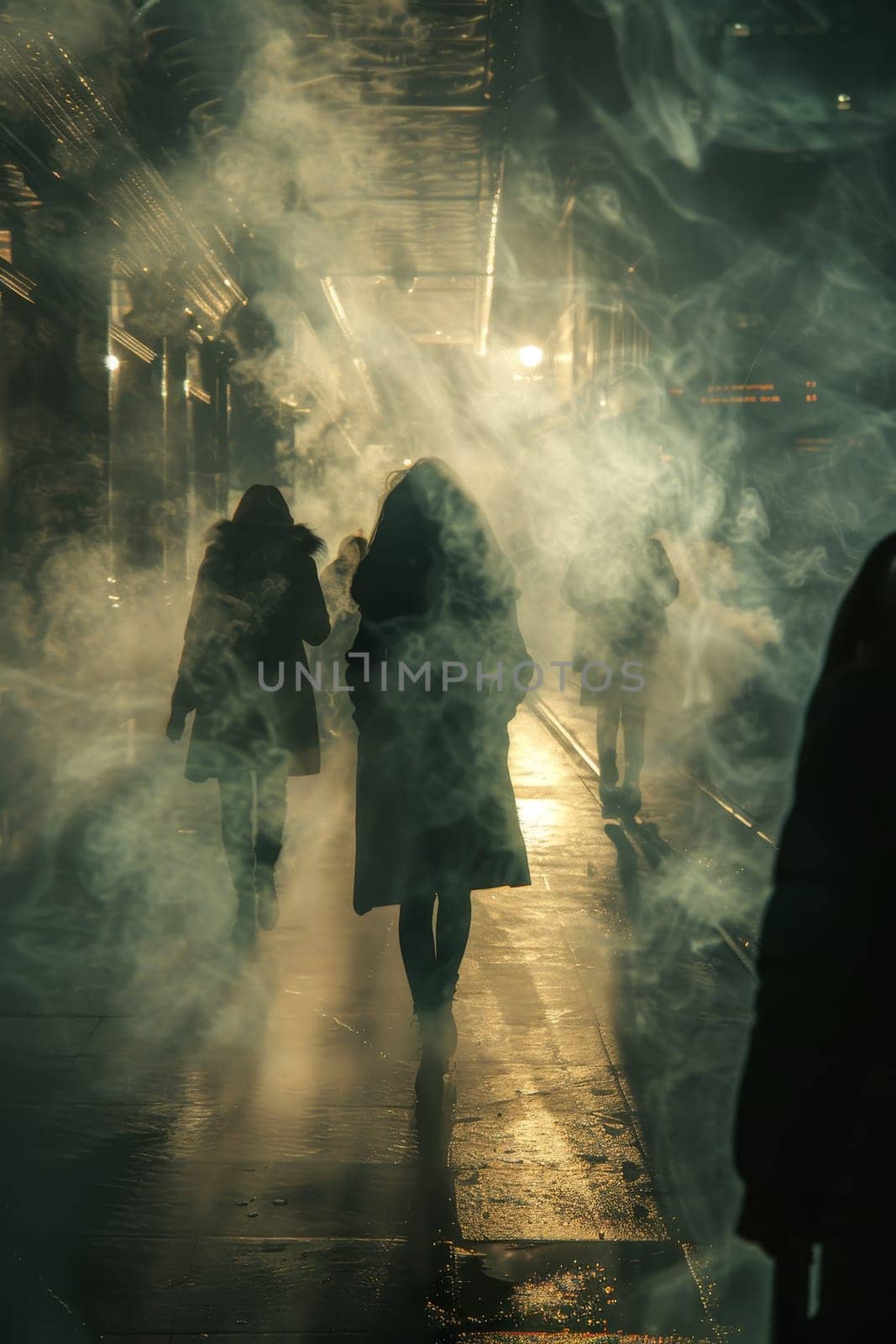 A group of people walking down a street with a foggy atmosphere by AI generated image.
