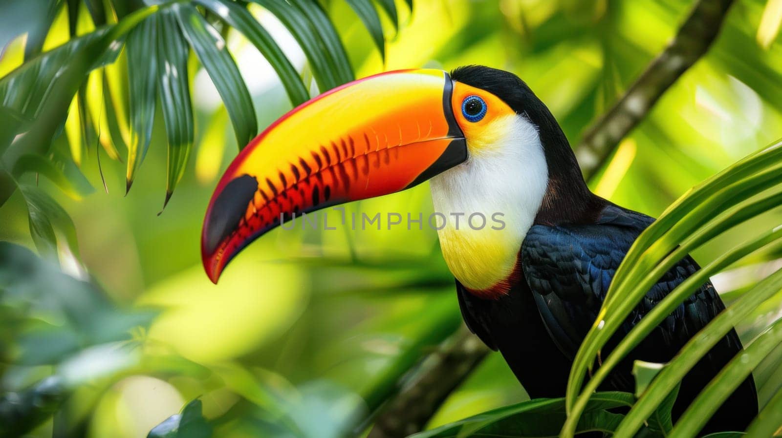A close-up image of a colorful toucan perched among tropical foliage, its vibrant plumage and distinctive beak adding a burst of energy to the lush greenery of its natural habitat..