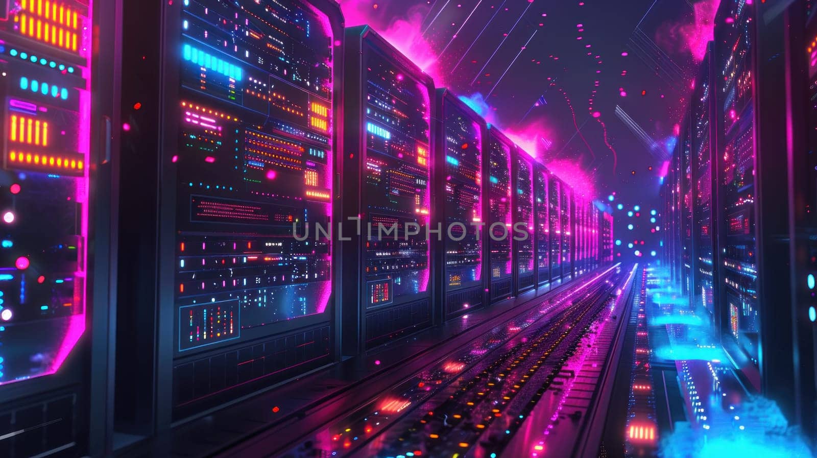 A dynamic illustration of a bitcoin mining operation with rows of computers processing transaction.