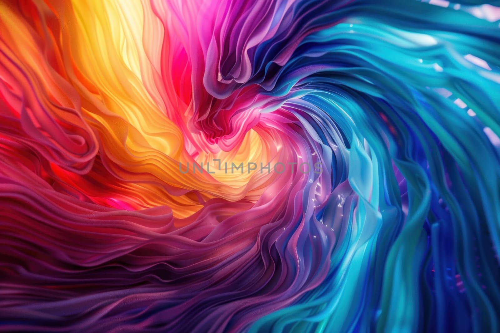 A colorful swirl of fabric with a rainbow of colors. The colors are vibrant and the fabric is flowing in a spiral. Concept of movement and energy, as if the fabric is dancing or swirling in the air
