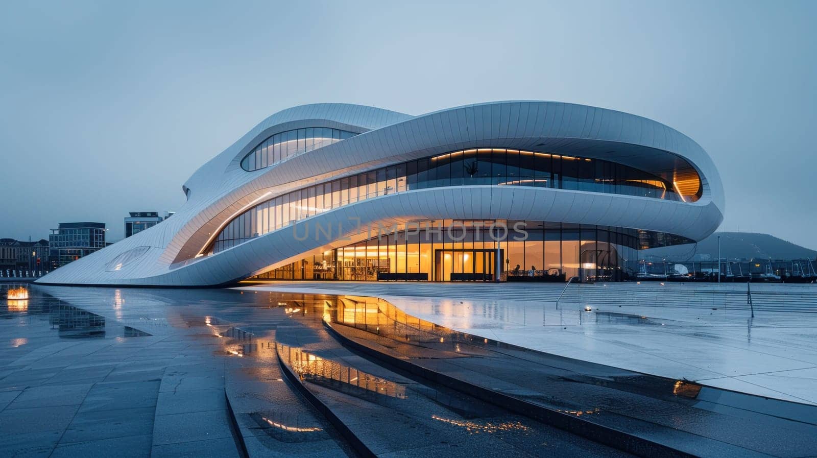 A large building with a lot of windows and a slanted roof.