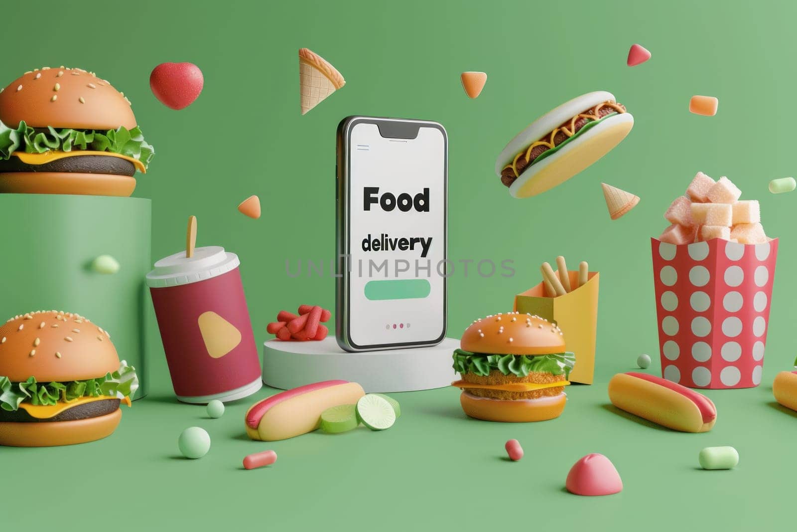 A food delivery app is shown on a green background with a variety of food items.