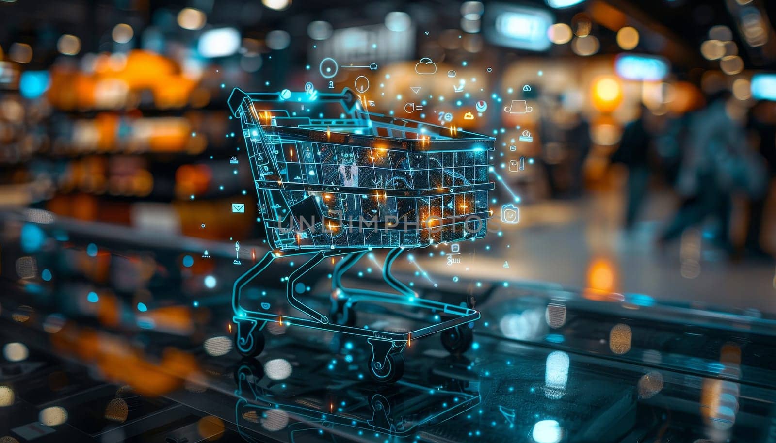 A shopping cart with a digital screen on it by AI generated image.