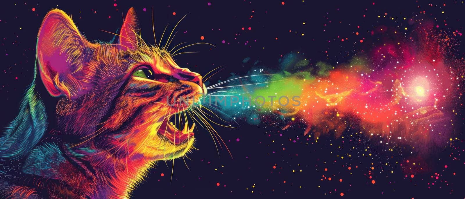 A cat is blowing a rainbow of colors out of its mouth. The image is a colorful and whimsical representation of a cat's playful and imaginative nature