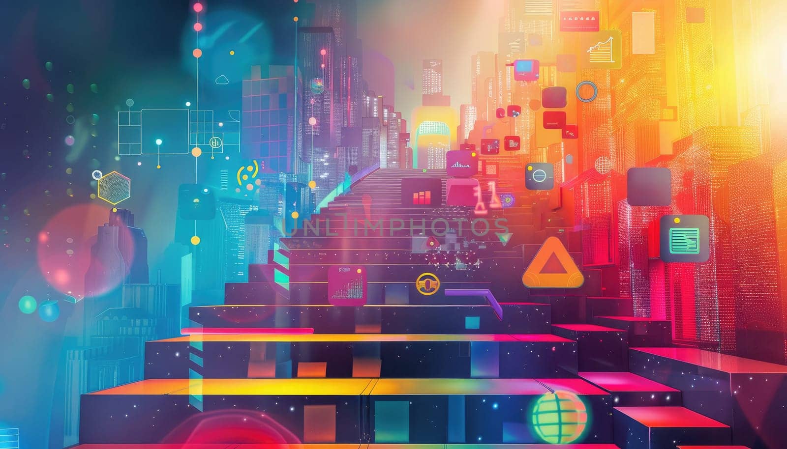 A colorful cityscape with a rainbow staircase by AI generated image.