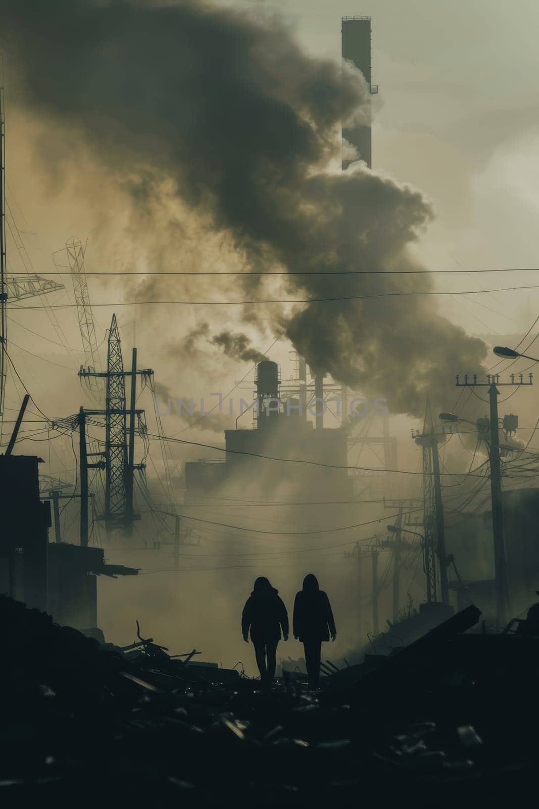 Two people walking in a city with a lot of smoke in the air by AI generated image by wichayada