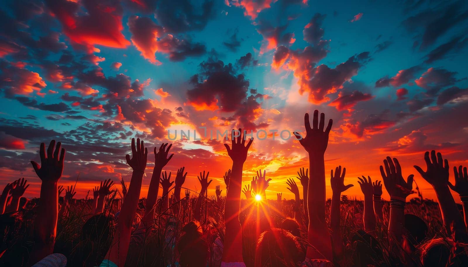 A group of people are standing in the air with their hands raised by AI generated image by wichayada