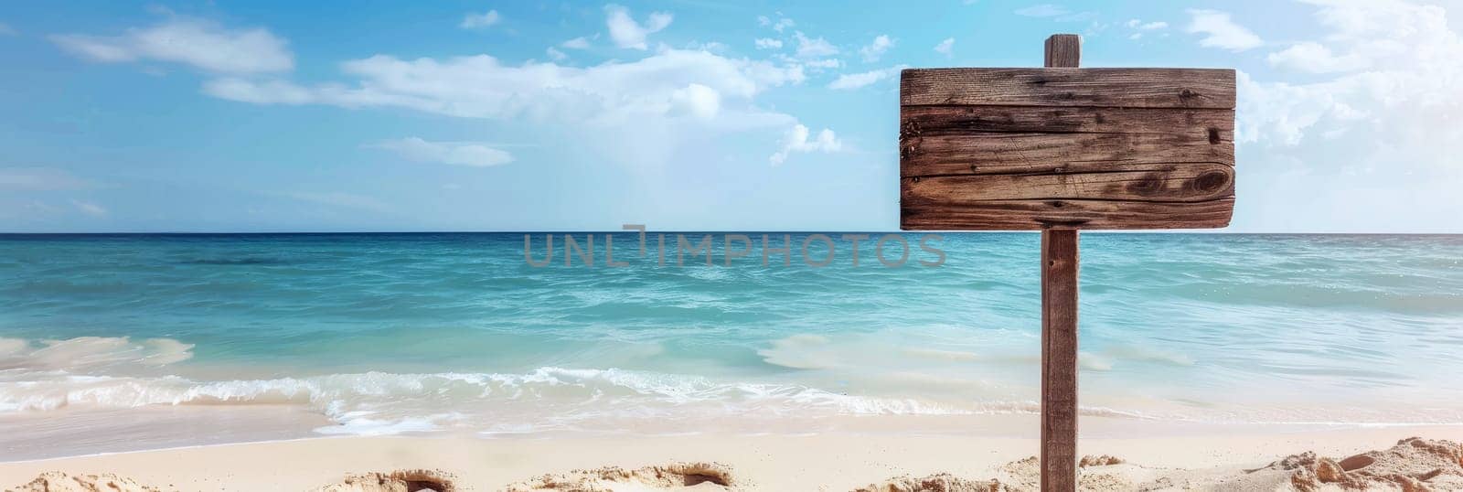 A wooden sign is on the beach next to the ocean by AI generated image.