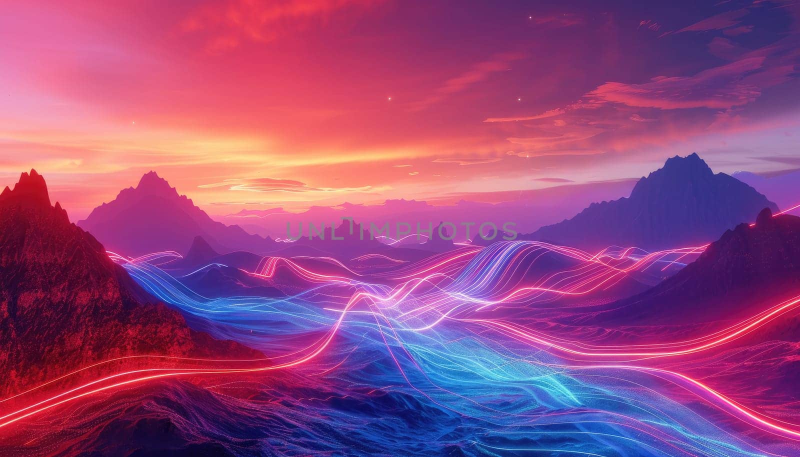 A colorful, abstract landscape with mountains in the background by AI generated image.