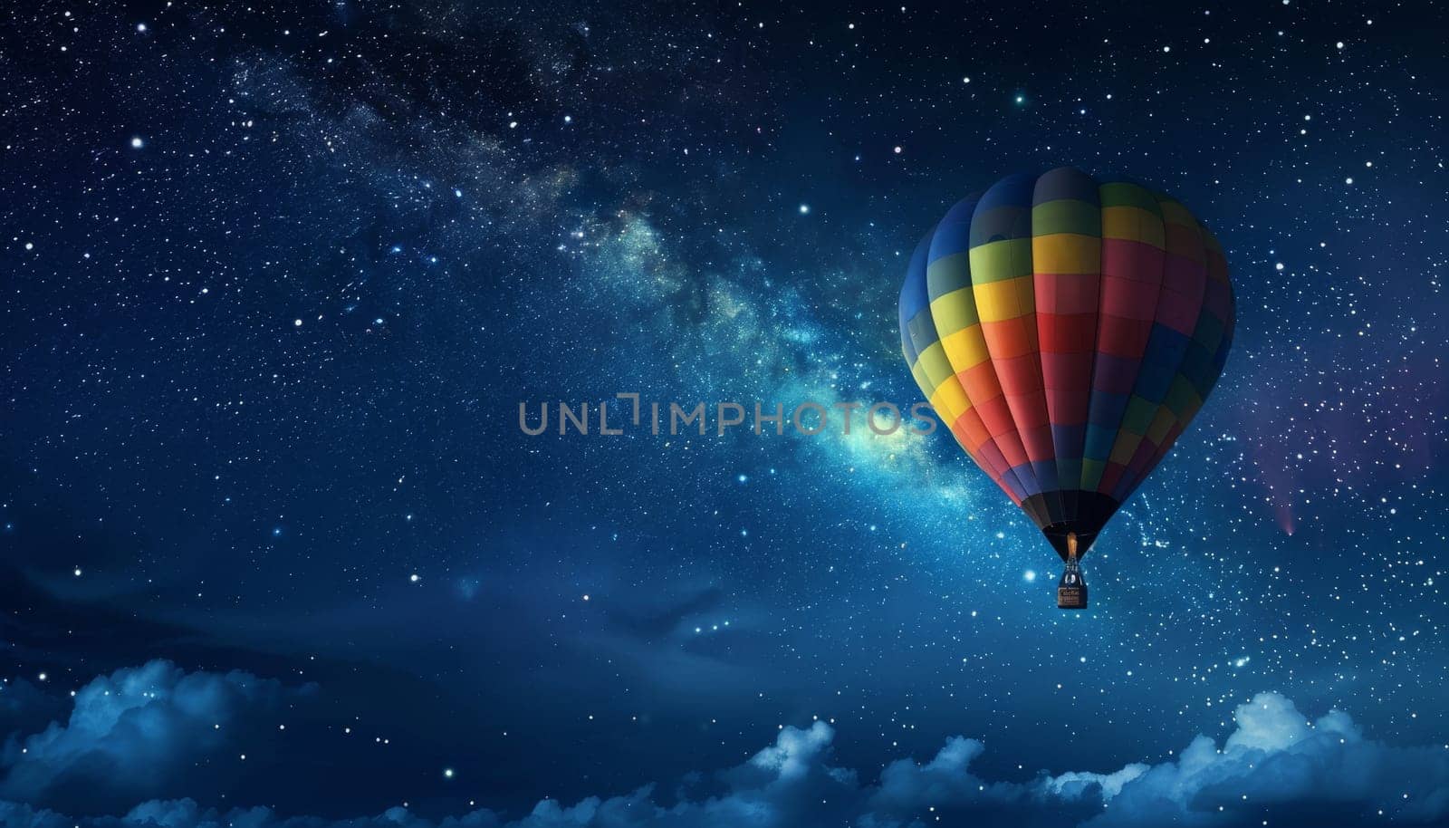 A colorful hot air balloon is floating in the sky above a starry night by AI generated image.