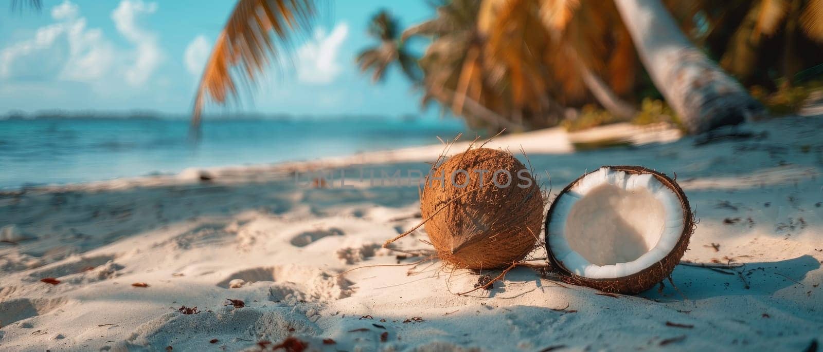 Three coconuts are on the beach, one of which is cut open by AI generated image.