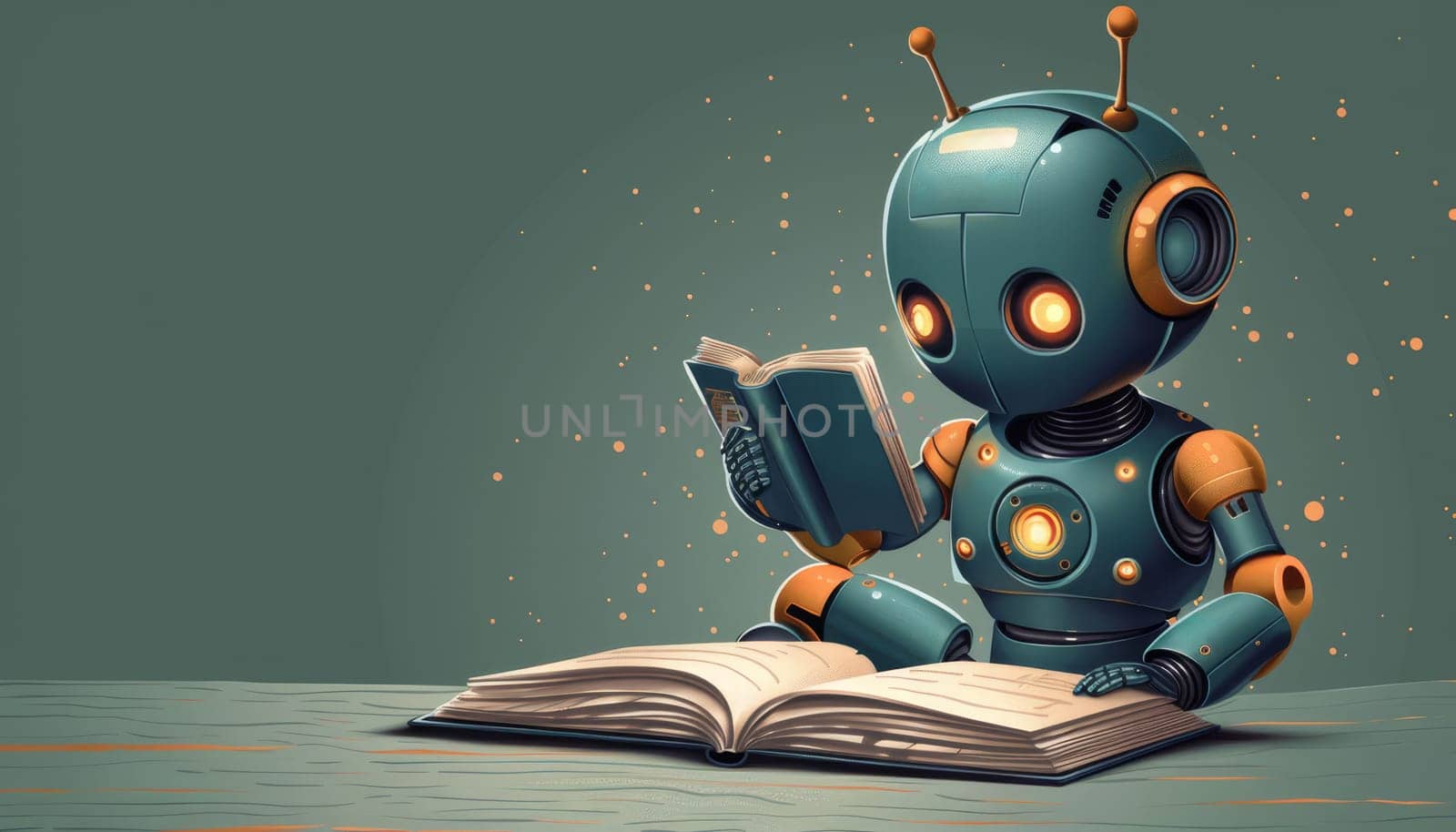 A robot is reading a book by AI generated image.
