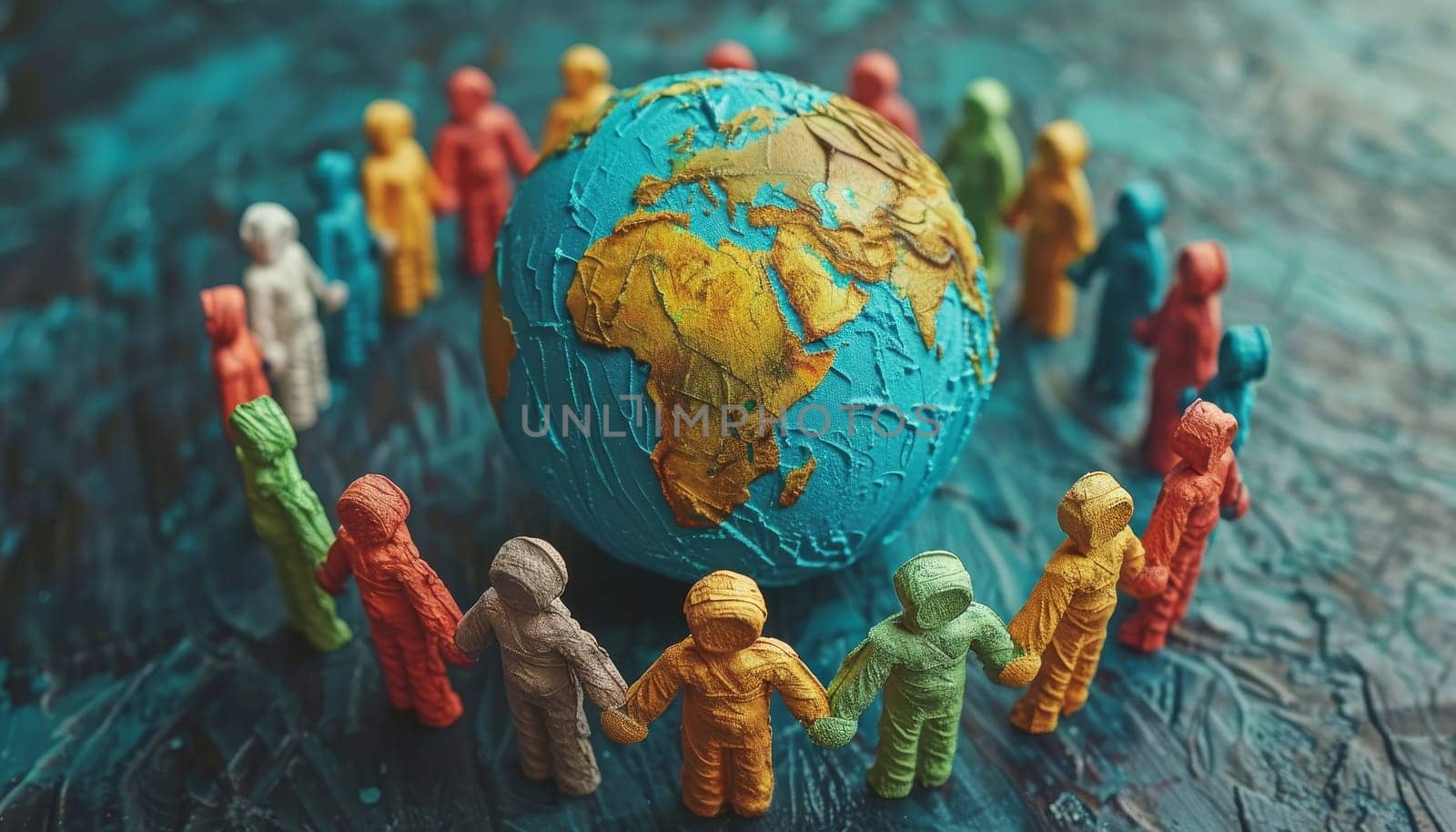 A group of people holding hands around a globe by AI generated image.