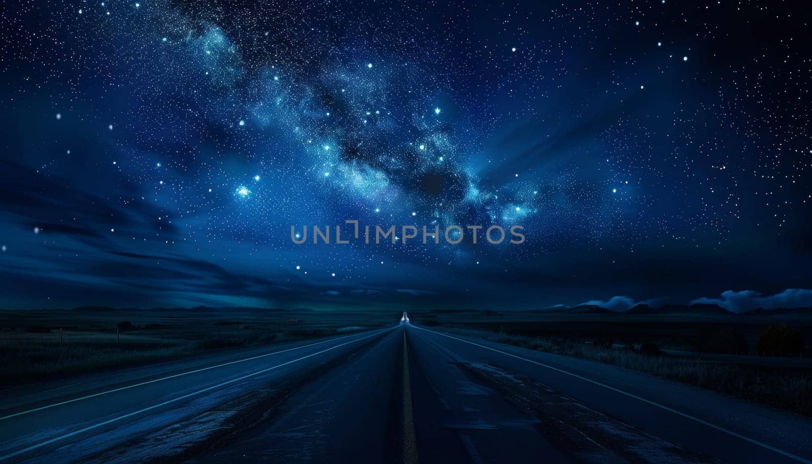A city skyline is lit up at night, with a road in the foreground by AI generated image by wichayada