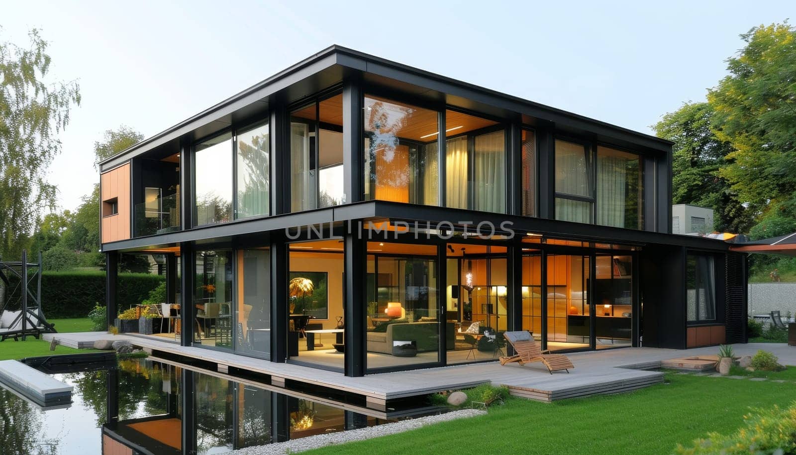 A large, modern house with a lot of glass windows and a black roof by AI generated image.