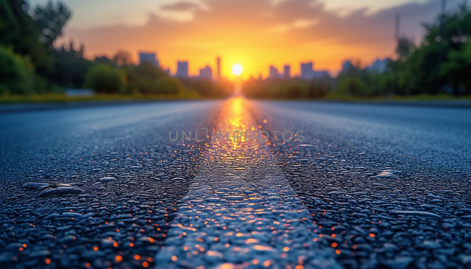 The perspective of the road against the background of sunset and the cityscape. High quality photo