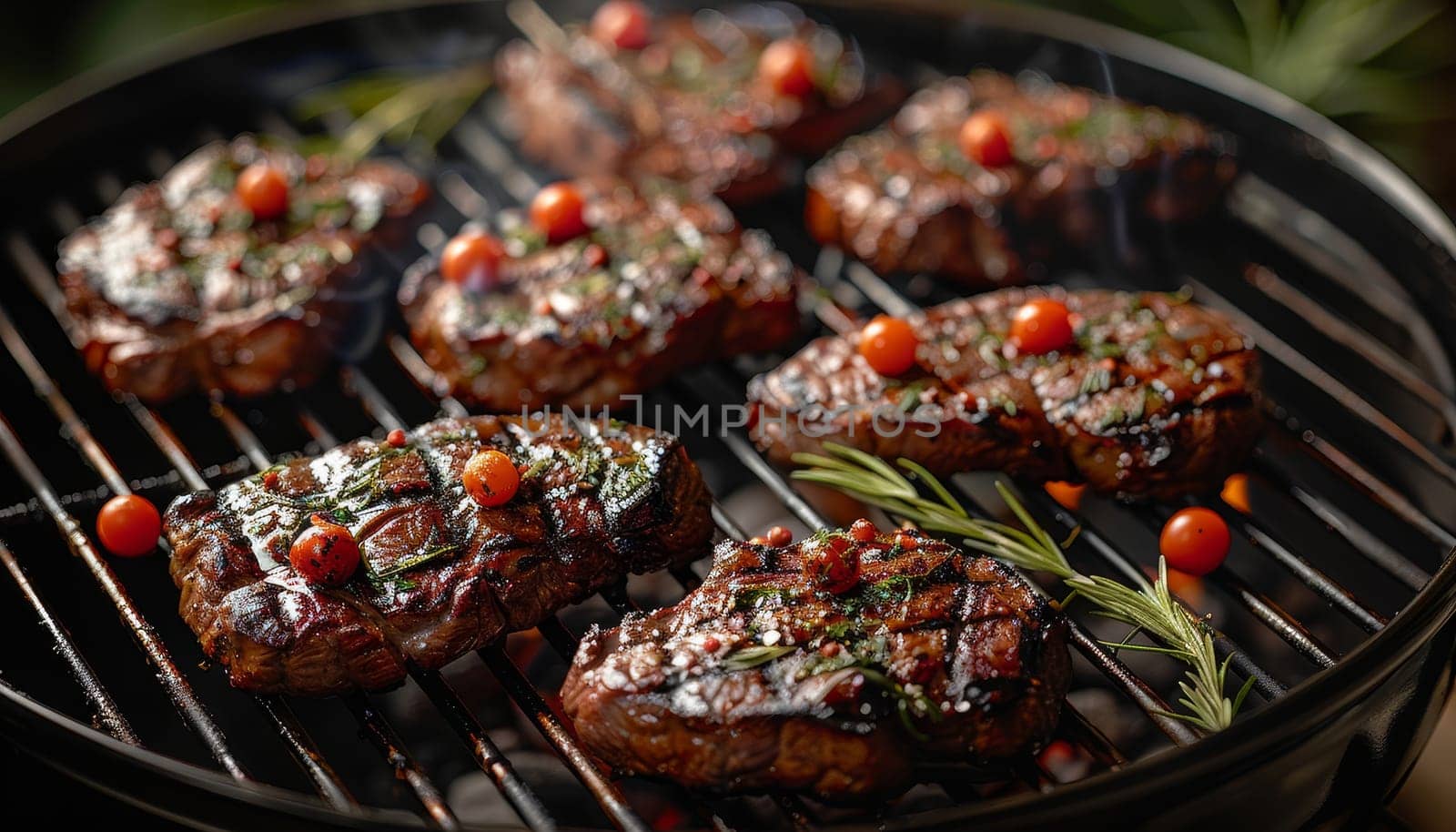 A grill with seven pieces of meat and some herbs on top by AI generated image.