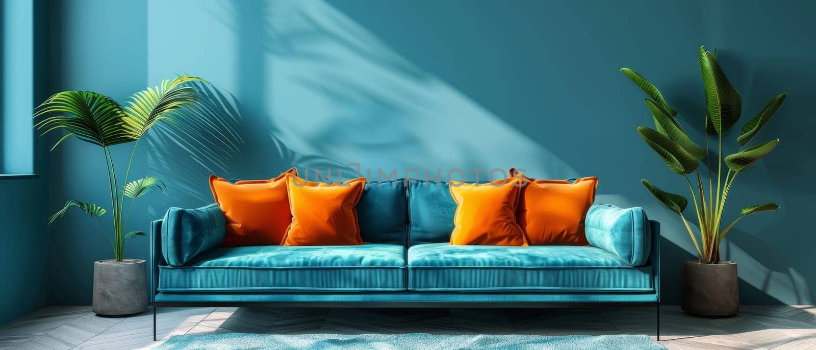 A blue couch with orange pillows sits in a white room by AI generated image by wichayada