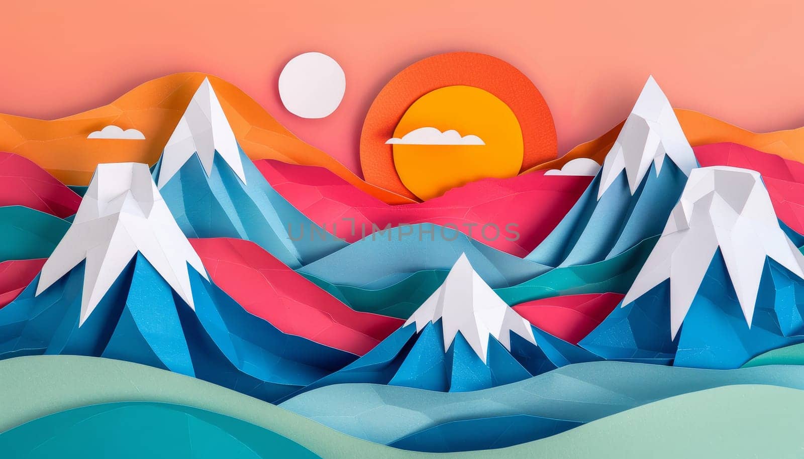 A mountain range with a sun in the sky by AI generated image.