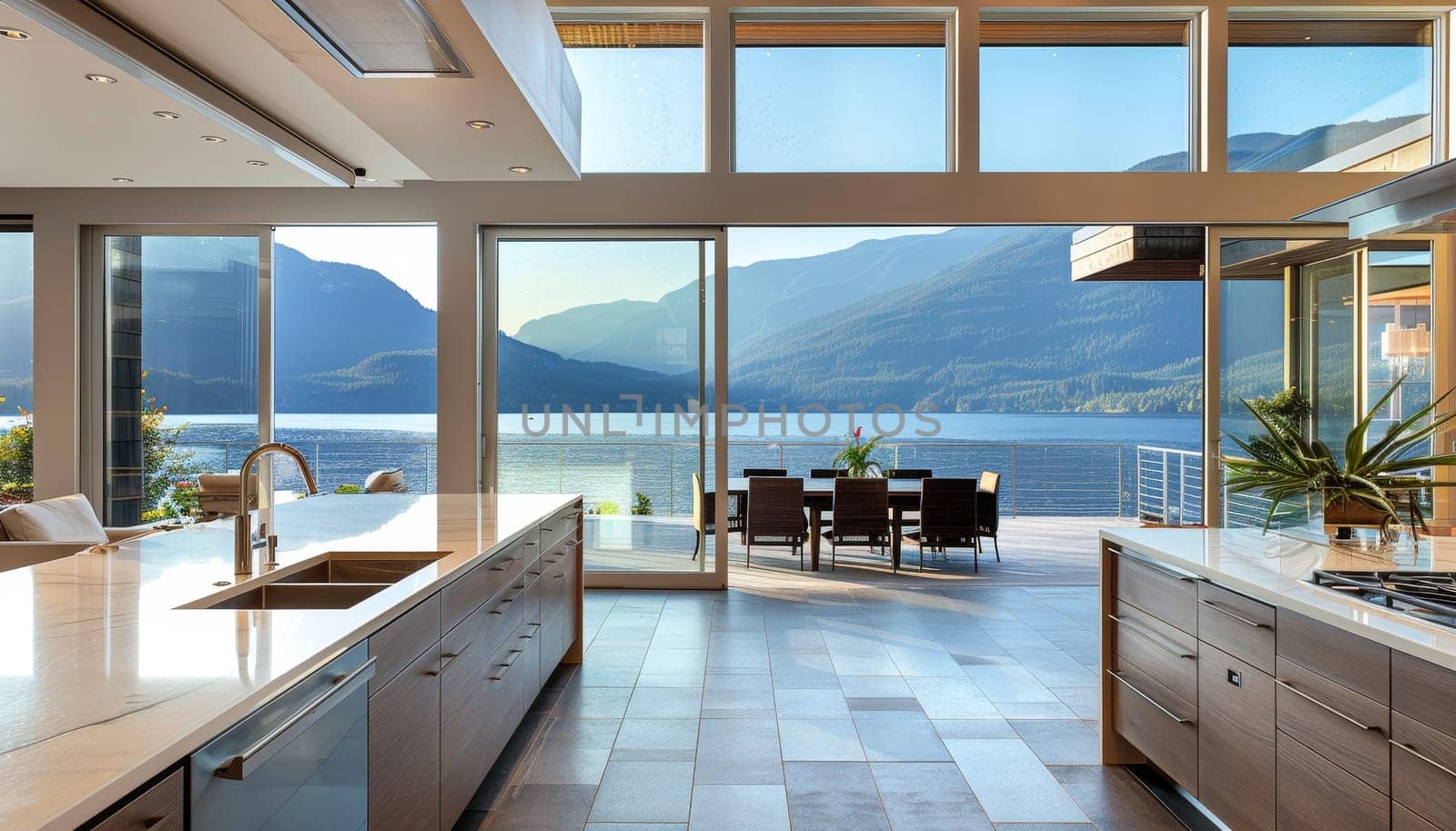 A large open kitchen with a view of the mountains and a lake by AI generated image.