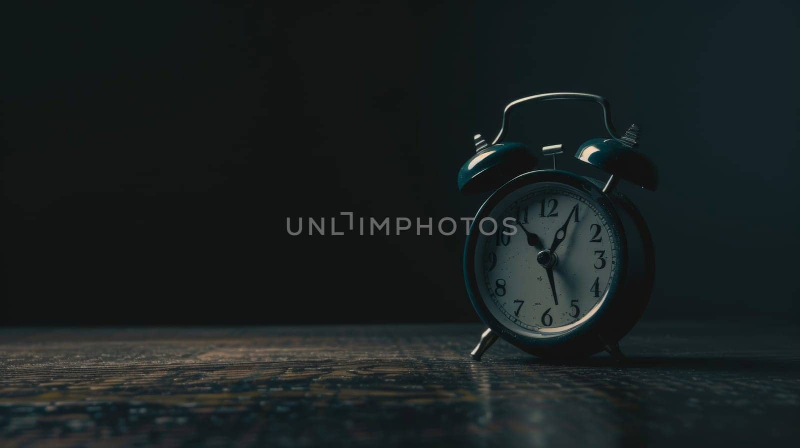 Close-up of alarm clock against black background, An alarm clock on a table surrounded by darkness.