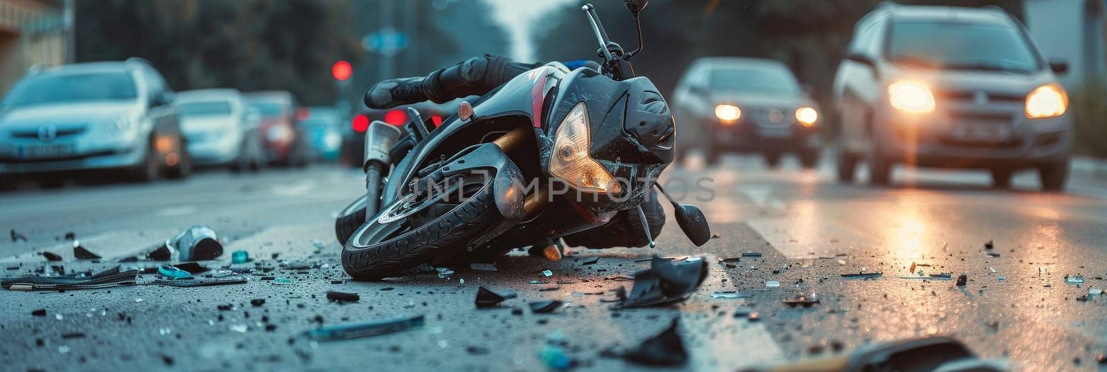 A motorcycle is laying on the road next to a car by AI generated image.