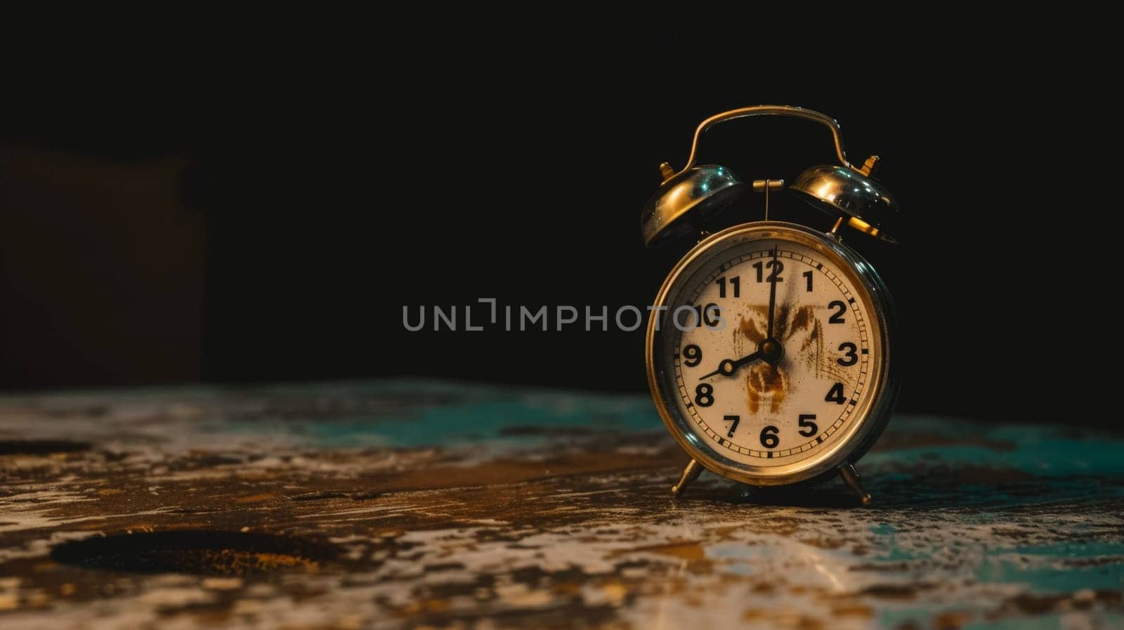 Close-up of alarm clock against black background, An alarm clock on a table surrounded by darkness.