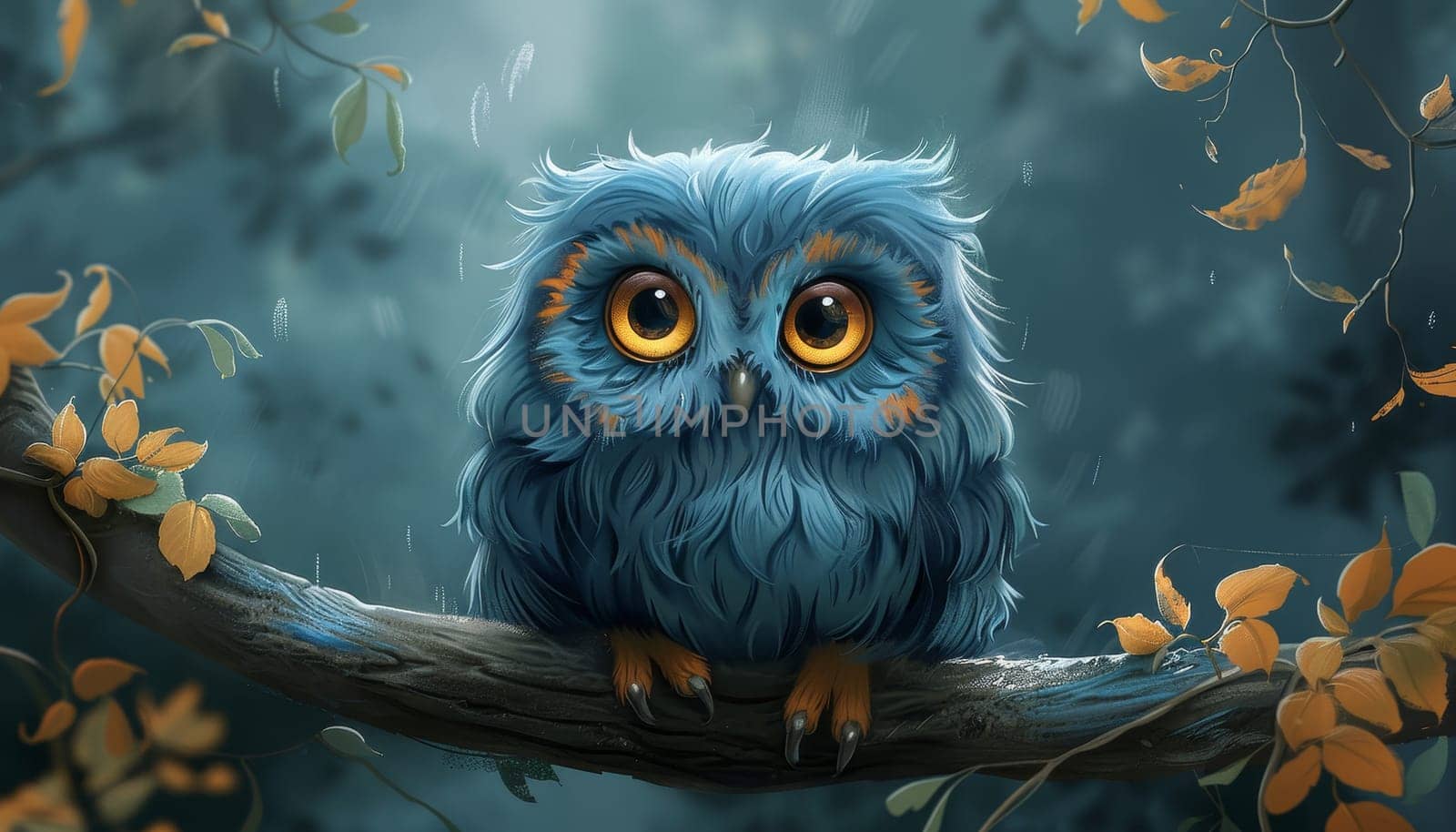 A cartoon owl is perched on a branch with leaves and berries by AI generated image.