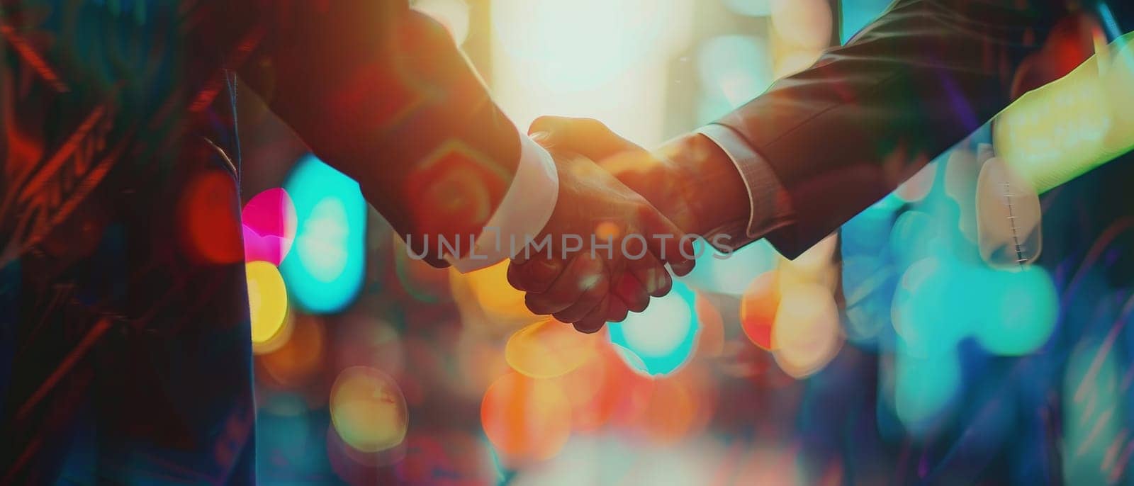 Two people shaking hands in a suit and tie by AI generated image.