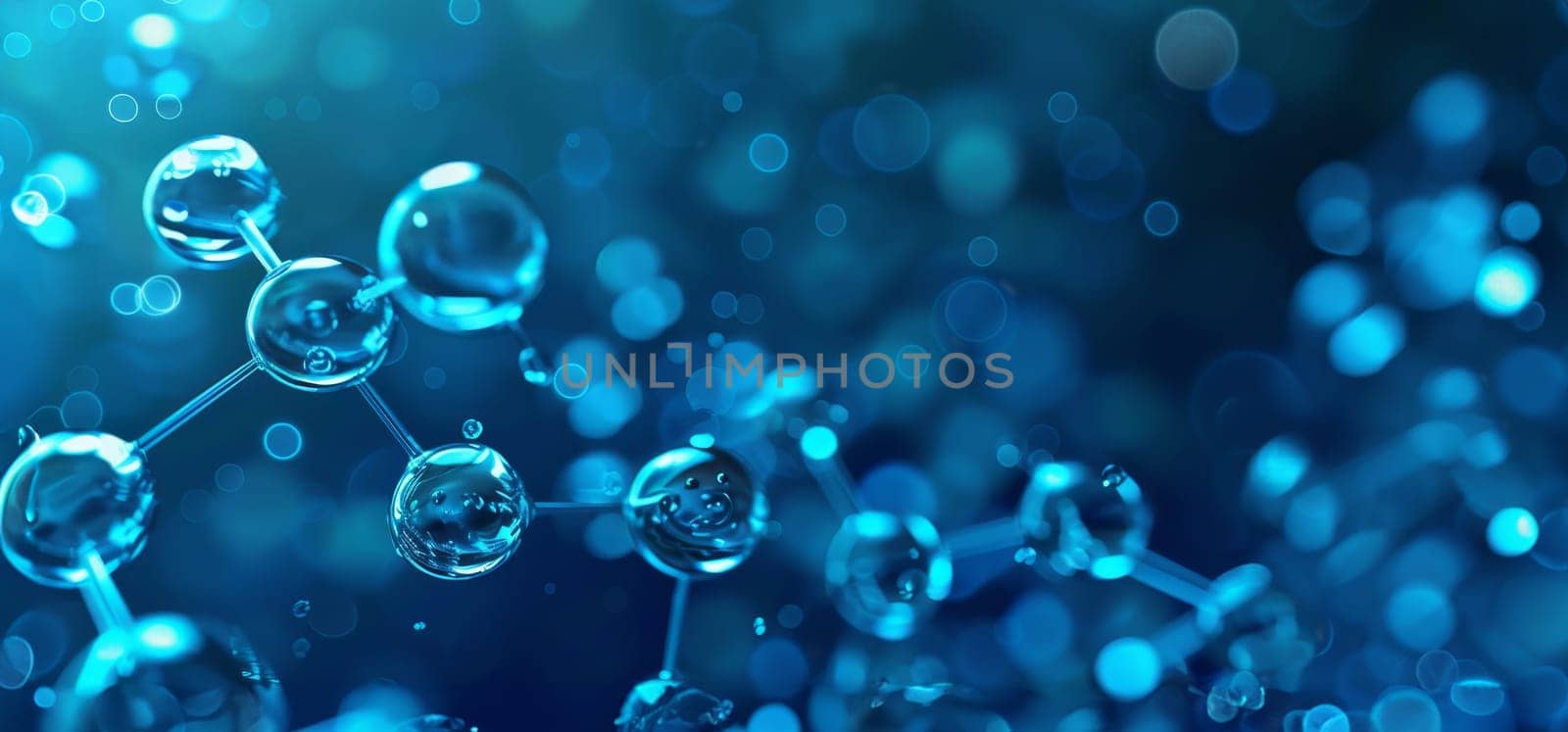 A blue image of a molecule with a lot of small bubbles surrounding it by AI generated image.