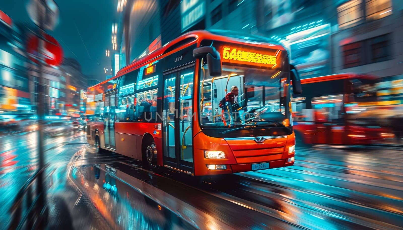 A bus is driving down a street with a red and white sign on the side by AI generated image by wichayada