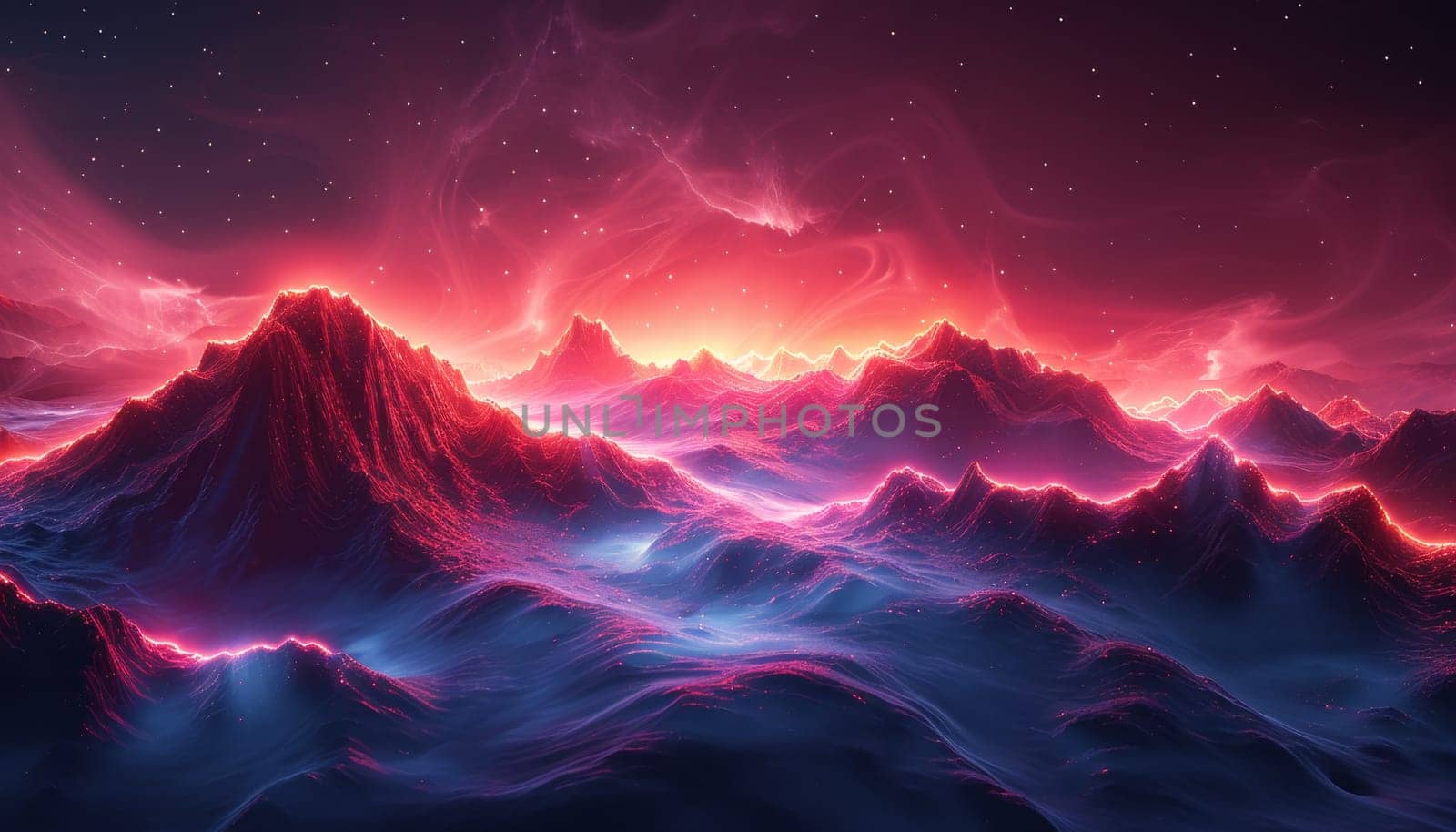 A colorful, glowing landscape with mountains and a blue sky by AI generated image.