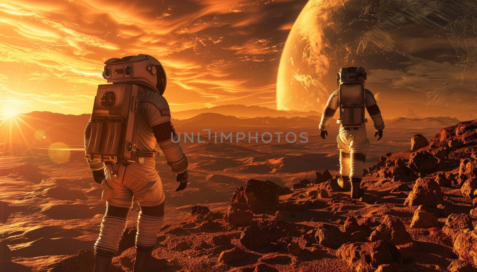 A group of astronauts are walking on a red planet by AI generated image.